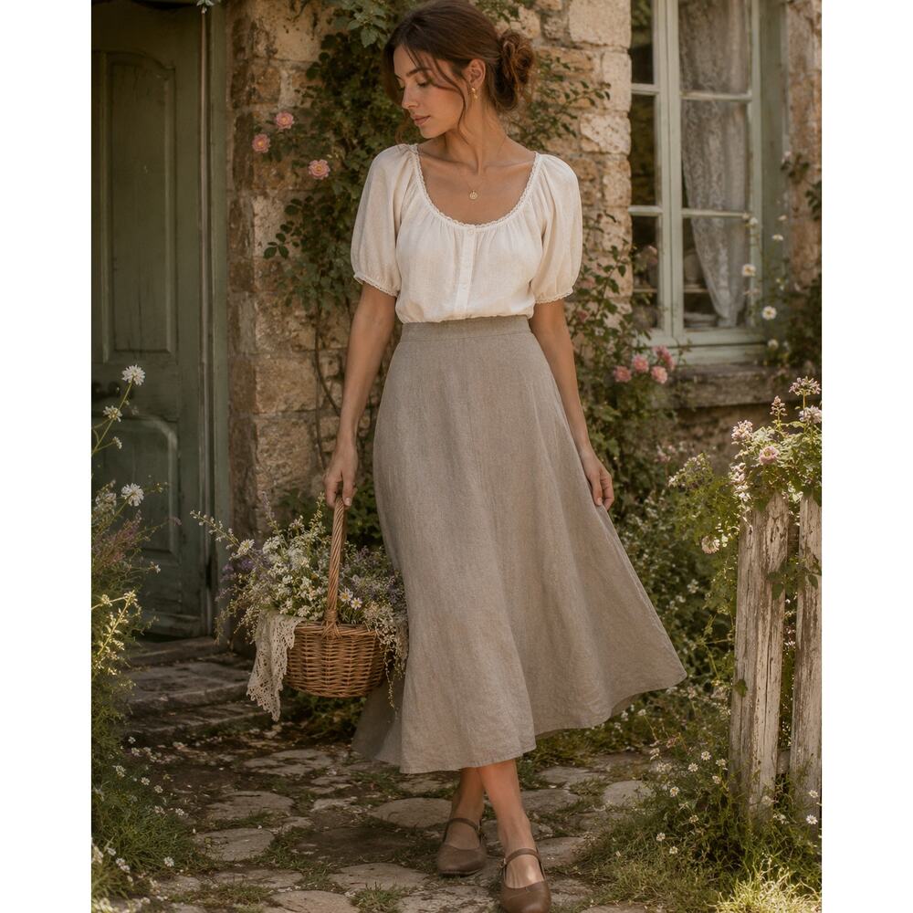 ecologie skirt 12 100% Linen Midi Natural Beige Womens Cottage Core Old Money